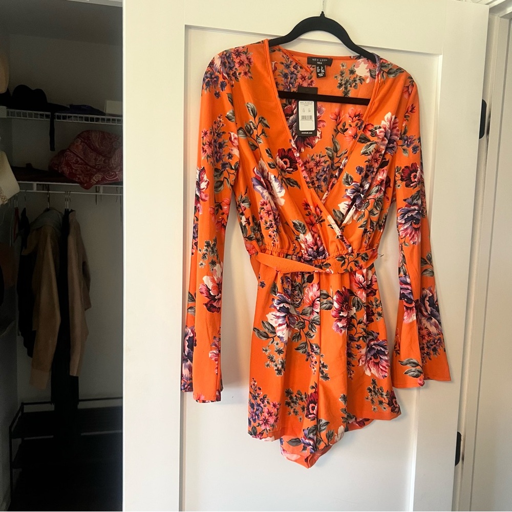 Orange Floral Wrap Romper NWT TALL